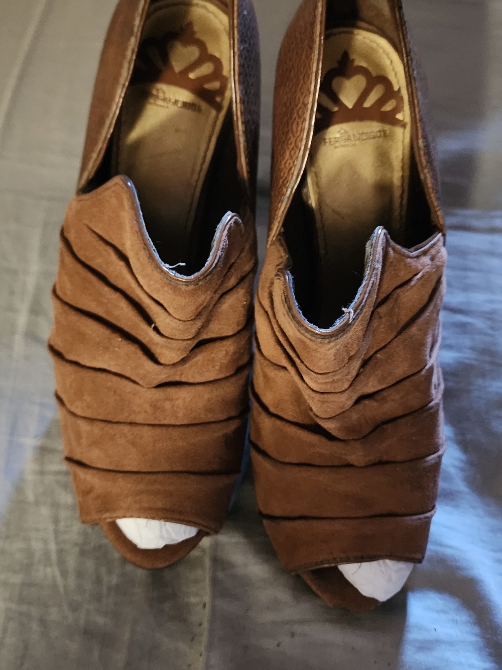 Salvatore Ferragamo Brown Suede Ruffle Peep-Toe Clogs